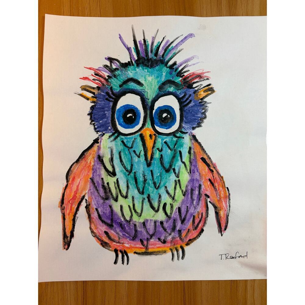 Hand painted watercolor pencil original painting whimsical rainbow bird